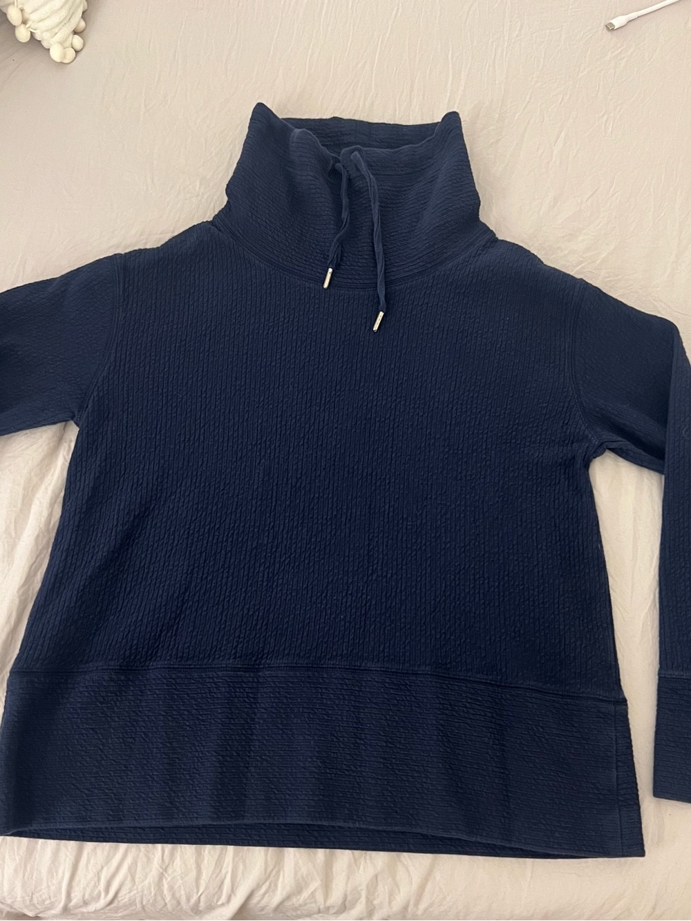 Orvis Navy Textured Funnel Neck Drawstring Sweater oversized